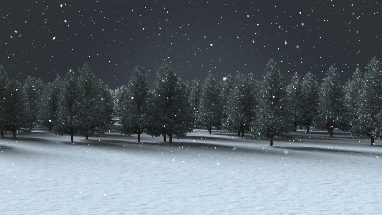 Animation of snow falling over fir trees and winter scenery