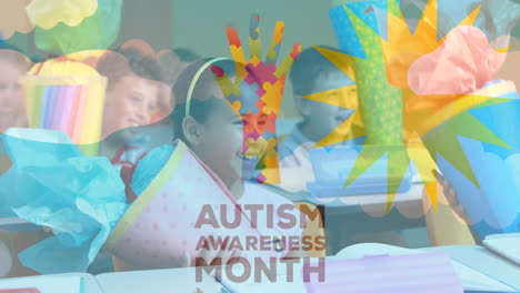 animation of autism awareness month text and hand formed with puzzles over happy schoolchildren