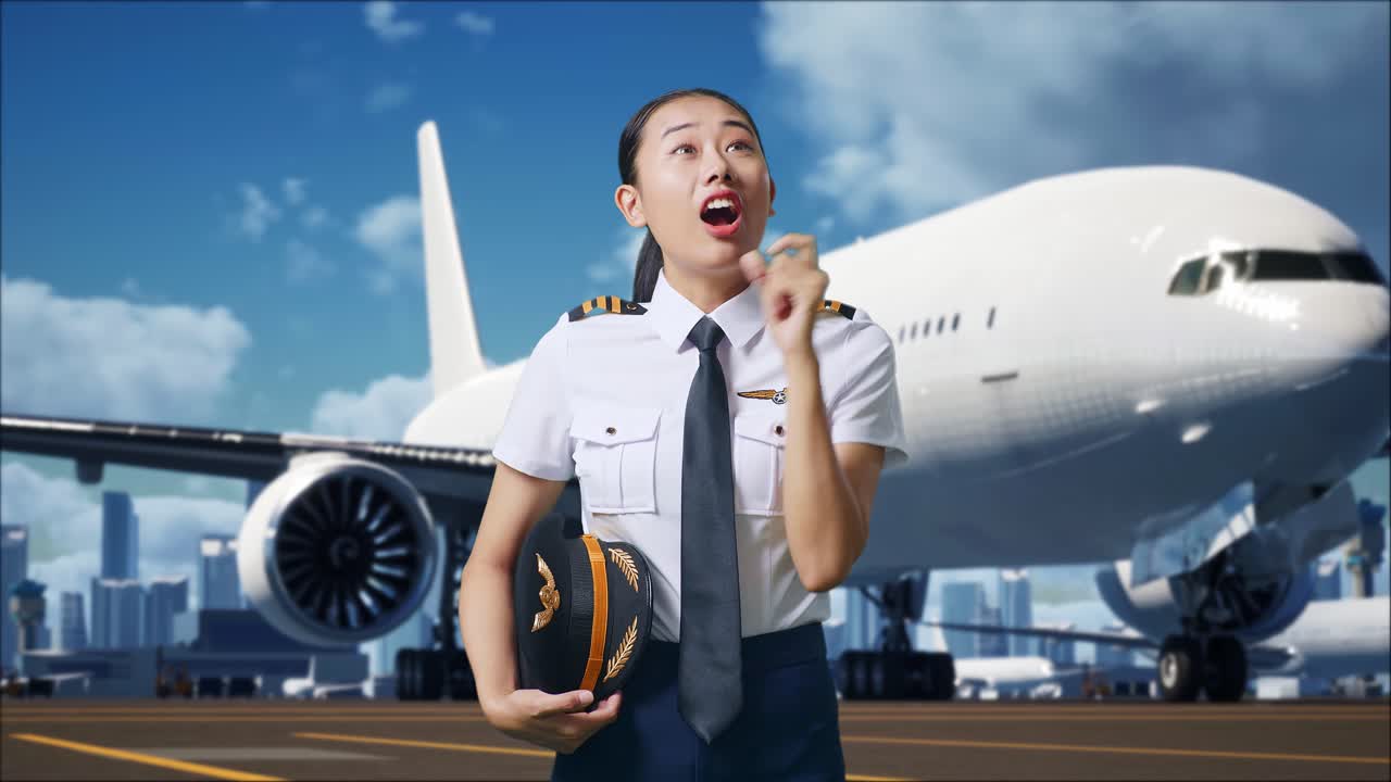 공항 에서 흥분 한 여자 조종사