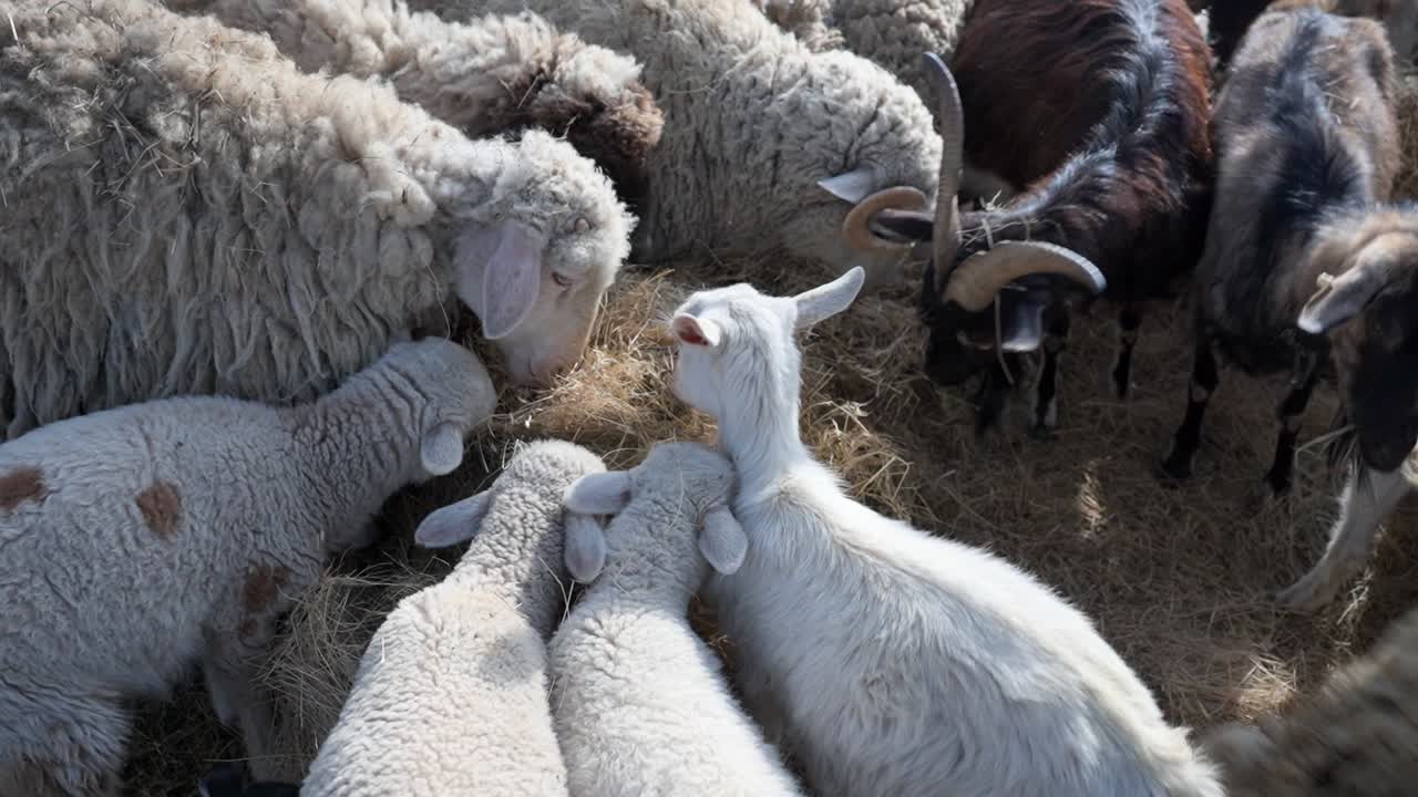 Lambs and goats eating hay together in rural pen