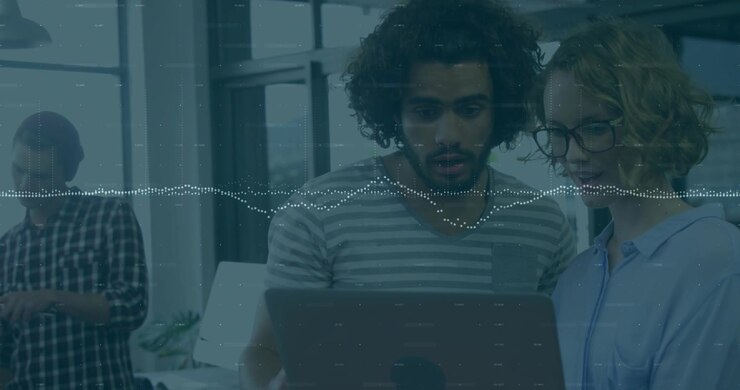 Vertical video: Man pointing at laptop speaking, starting business sync, waveform guiding woman