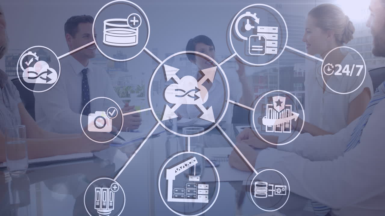 animación de una red de iconos digitales sobre diversas personas de negocios