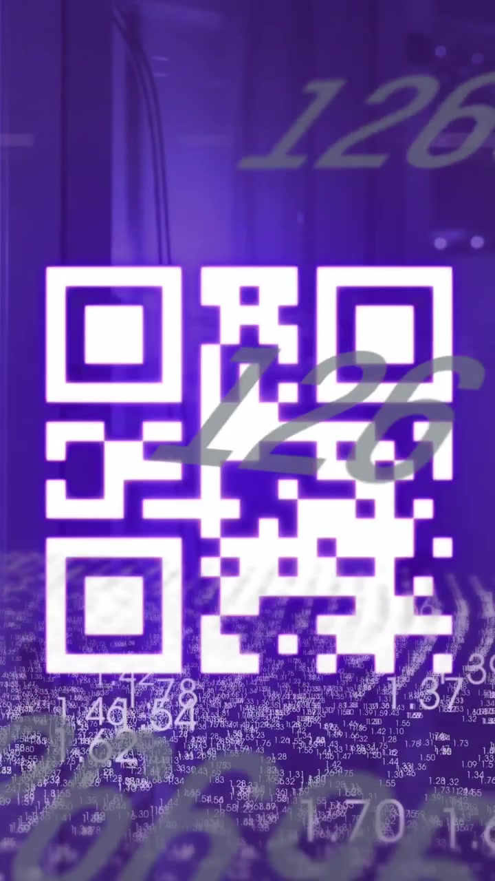 Animation of data processing with qr code over server room