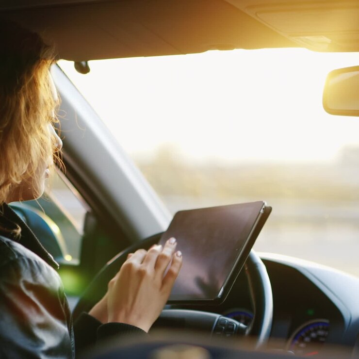 Una giovane donna usa un tablet in auto, navigando e orientandosi in un luogo sconosciuto