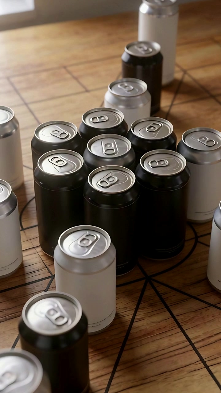 Vertical video: Pushing camera filming black cans among tall cans on game board, showing lines