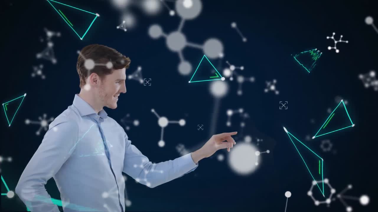 animación de un hombre caucásico usando una tableta interactiva en 3d con iconos de fórmulas moleculares flotantes