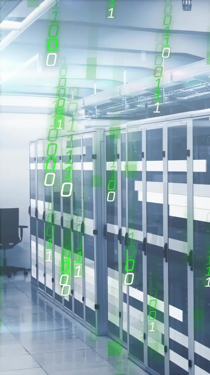 Vertical video: Binary streams emerging near ceiling cascading down server racks, visualizing data