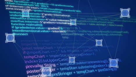 animation of network of connections with icons over data processing