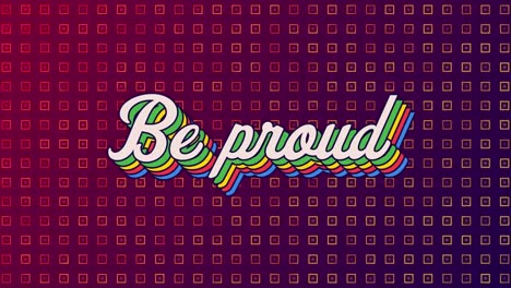 animation of be proud text over shapes on purple background