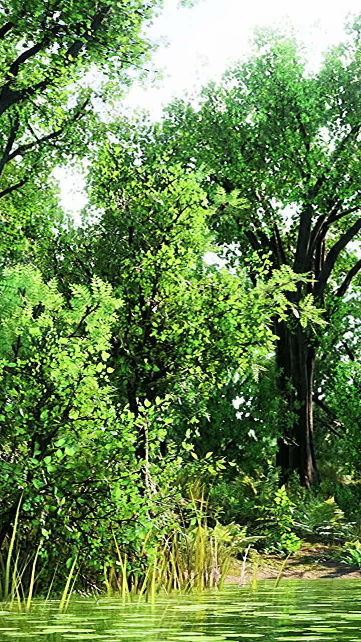 escena de bosque tranquilo con vegetación exuberante y un arroyo