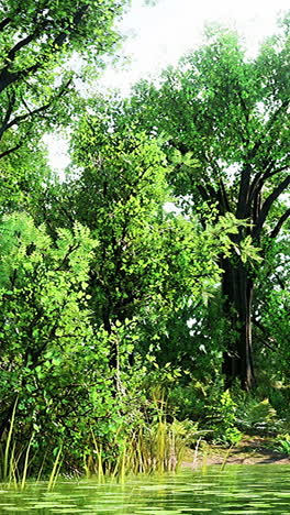 tranquil forest scene with lush greenery and a stream