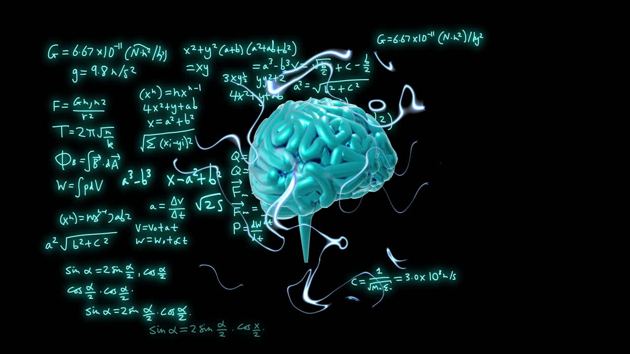 Animation of brain and scientific data processing over black background