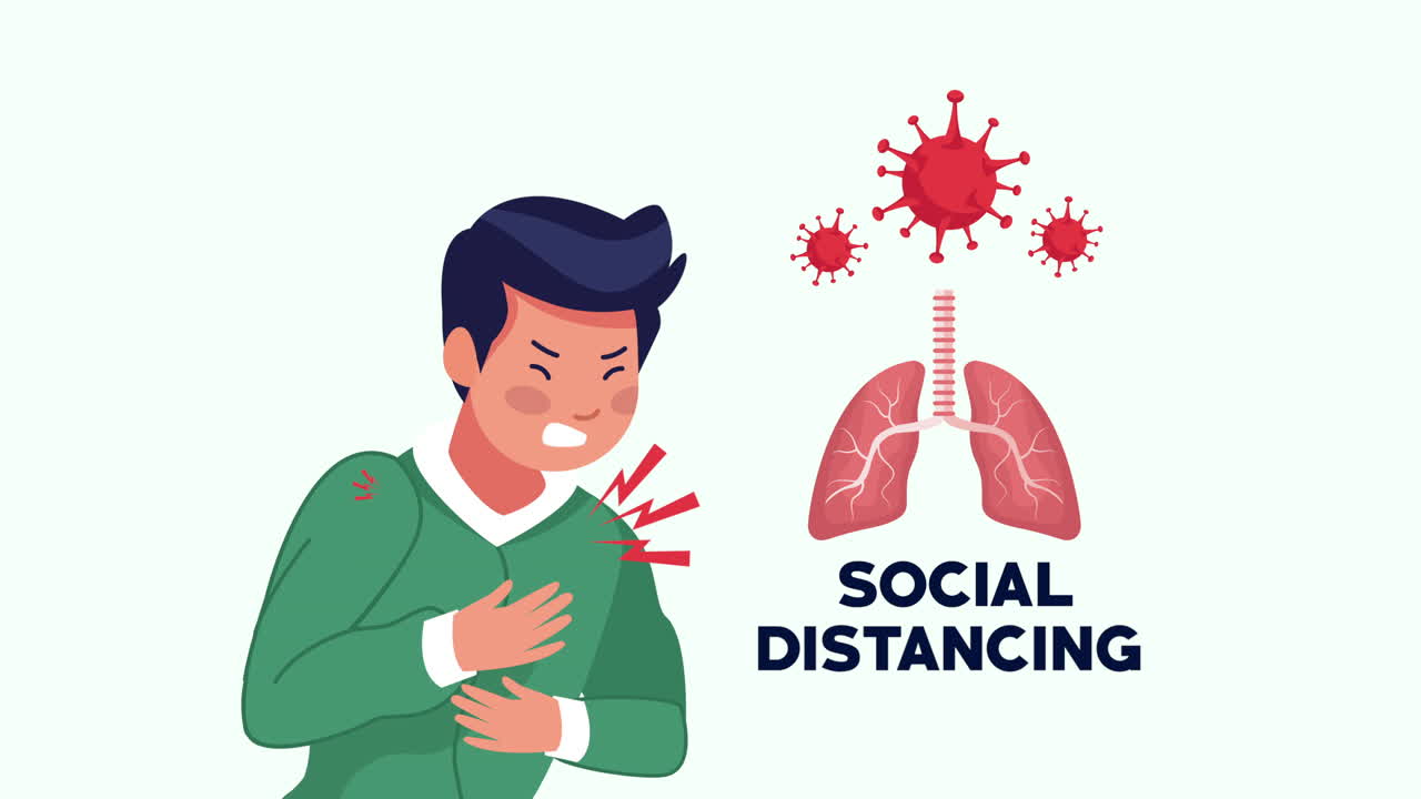 campaña de distanciamiento social con el hombre enfermo y los pulmones