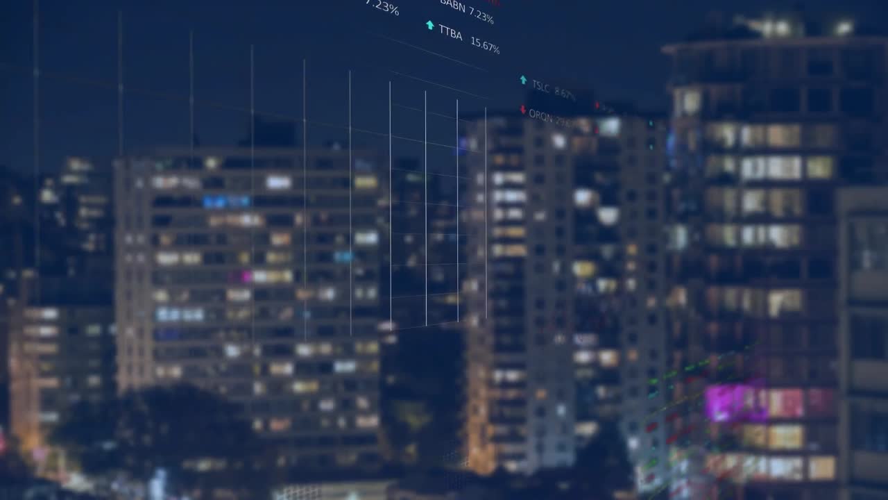 Animazione di grafici e un tabellone di trading su un edificio illuminato contro il cielo notturno