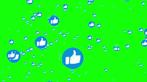 4k animation of likes social media icons floating upwards on green chroma key background.