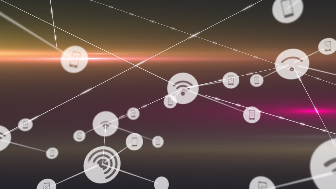 animación de la red de conexiones con íconos y senderos de luz sobre fondo negro