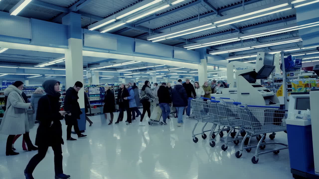 People shopping inside a brightly lit supermarket