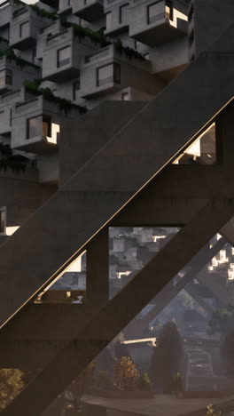 a futuristic concrete building with balconies and stairs