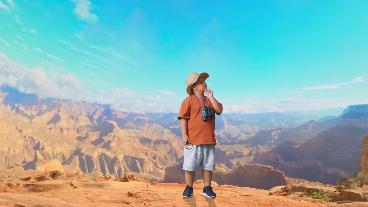 Asian Boy With A Hat, Binoculars, And Magnifying Glass Thinking About Something And Looking Around While Traveling At The Top Of Mountain. Boy Researcher, Travel Adventure, Full Body