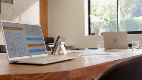 laptops on wooden table with financial graphs, preparing for business meeting