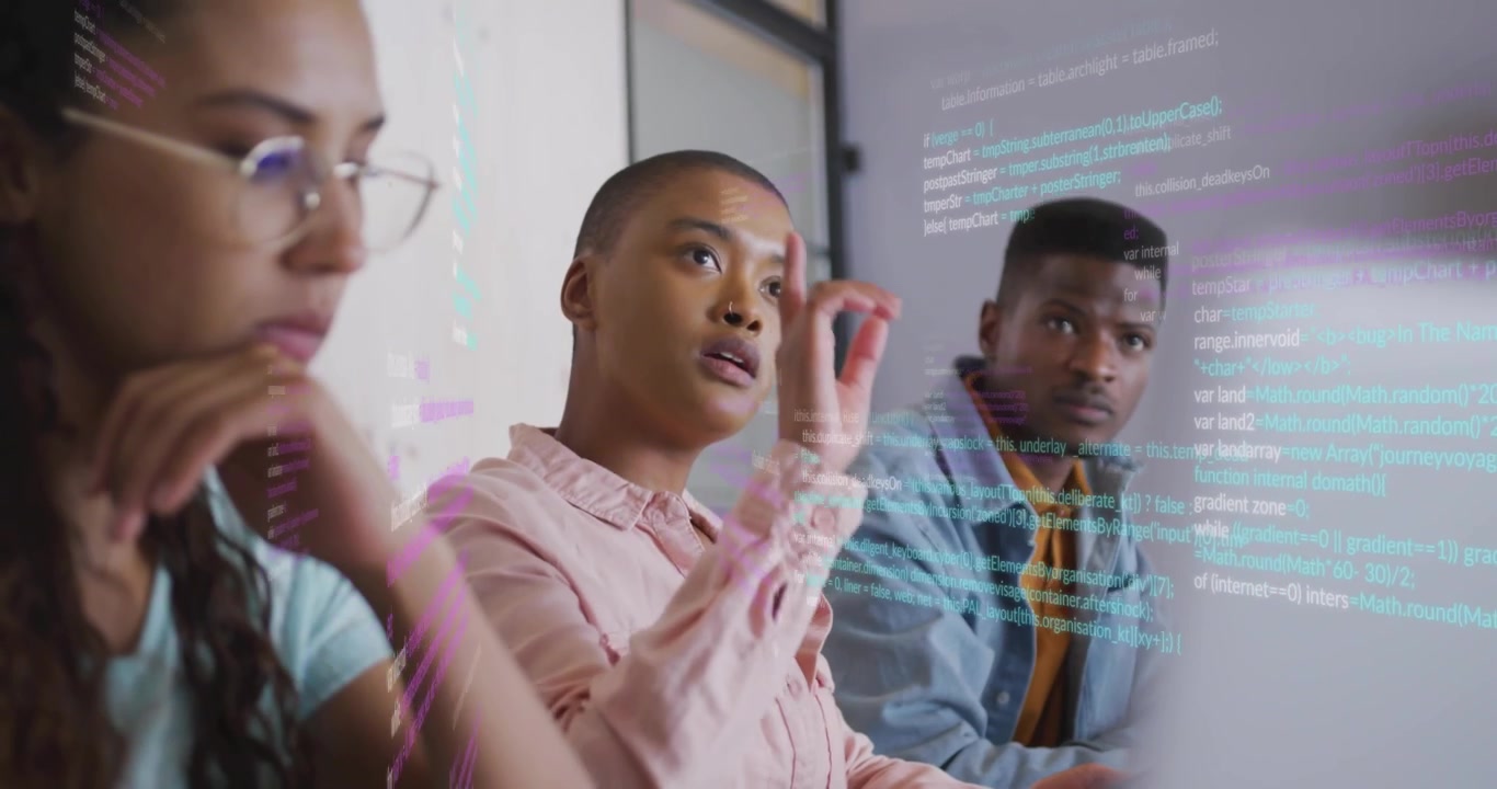 Pink-shirted colleague pointing at floating code overlay and tracing syntax flows for debugging