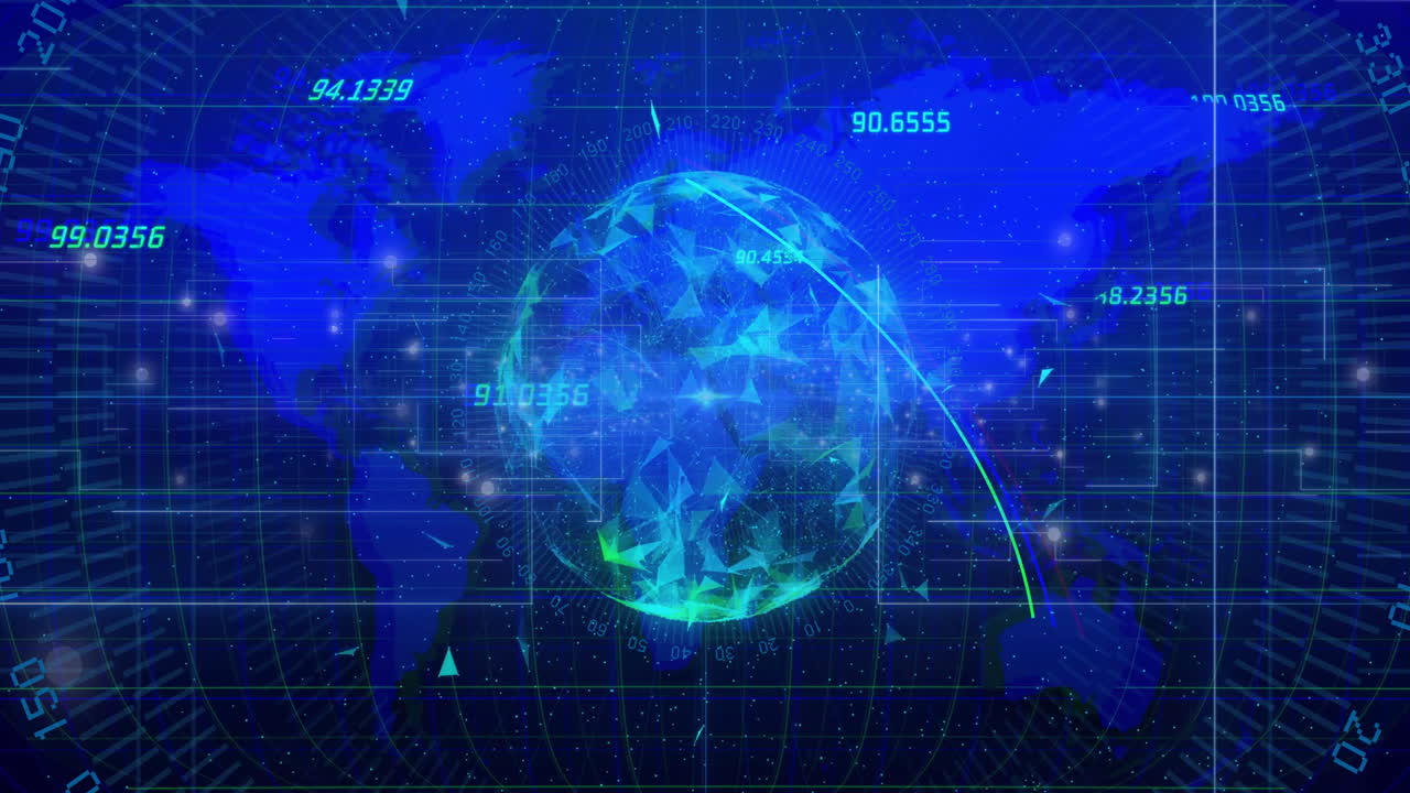 Animation of digital globe with data and network connections on world map background