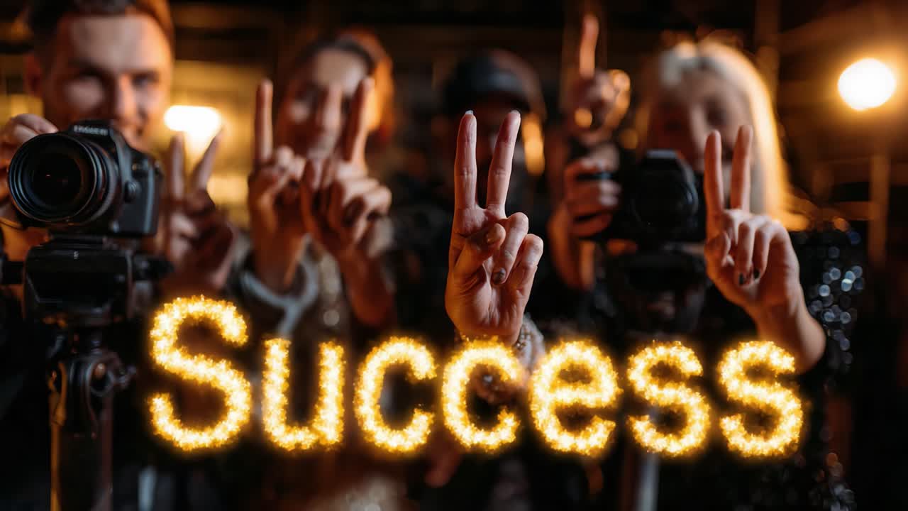 Celebrating Achievement: A Group of Individuals Signify Success with Peace Signs While Captured by Cameras, Highlighting the Joy of Accomplishment and Togetherness