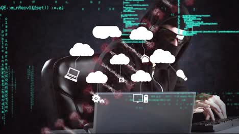 Animation-of-clouds-with-icons-over-dna-strand,-hacker-using-laptop-and-data-processing