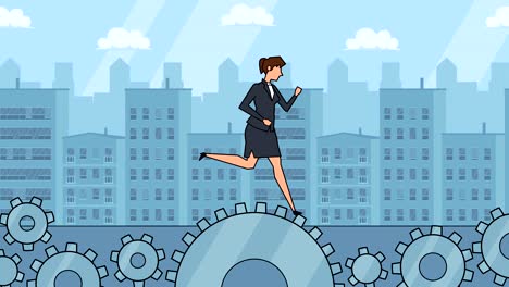 flat cartoon businesswoman character running on spinning gears animation