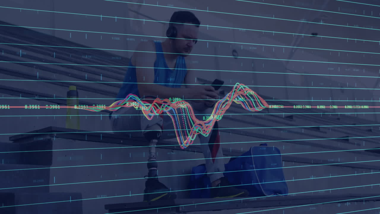 Adaptive athlete sitting on bleachers, exploring health tech data with animated waveform overlay