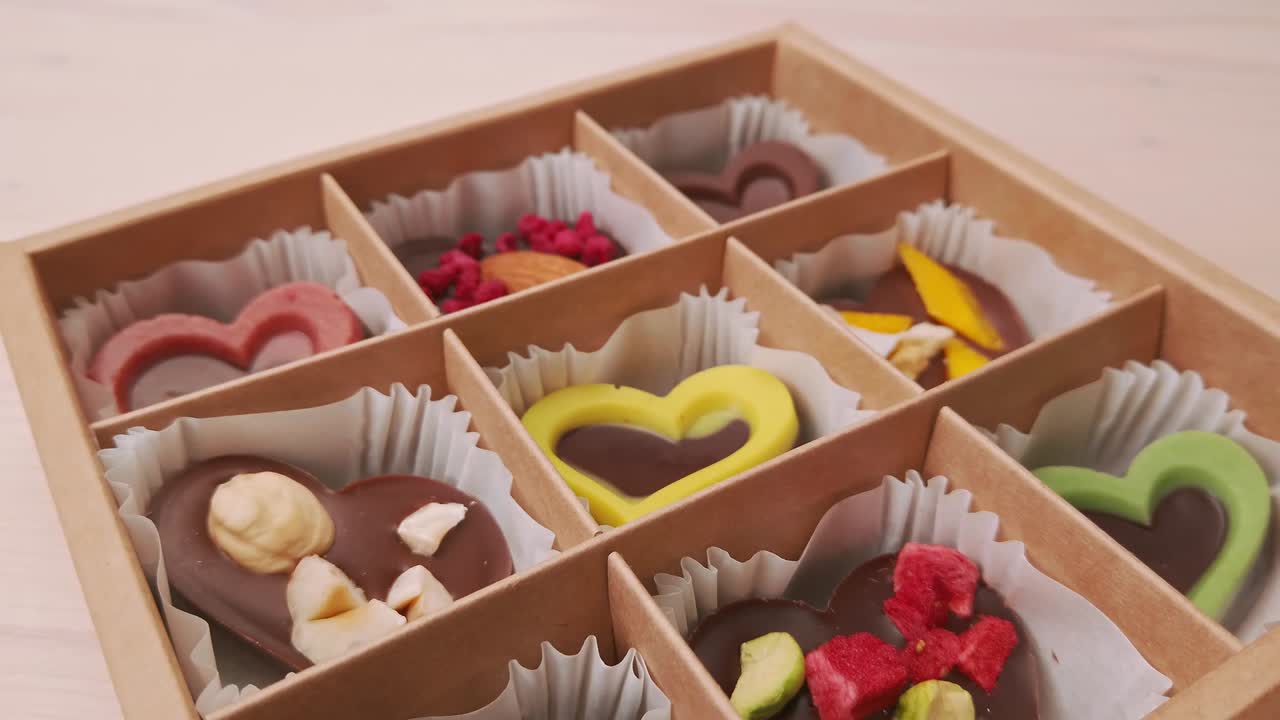 caramelos de chocolate en la elaboración de cajas de regalos de primer plano extremo. 4k imágenes de primer plano de la cámara moviéndose lentamente entre una variedad de chocolates confitería en el fondo blanco