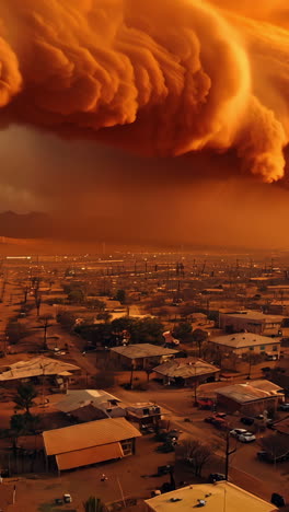 a large orange cloud is in the sky above a city. the sky is orange and the clouds are dark