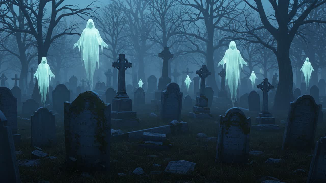 Eerie Spirits Haunting a Foggy Graveyard: An Unforgettable Encounter with Ethereal Ghosts in an Enigmatic Cemetery Setting