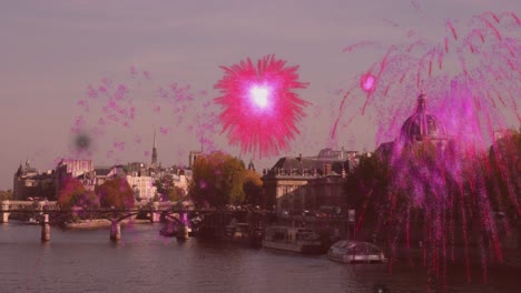 animation of pink fireworks over paris cityscape with river