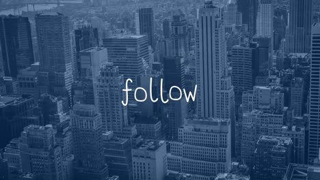 animation of follow text with lines over cityscape