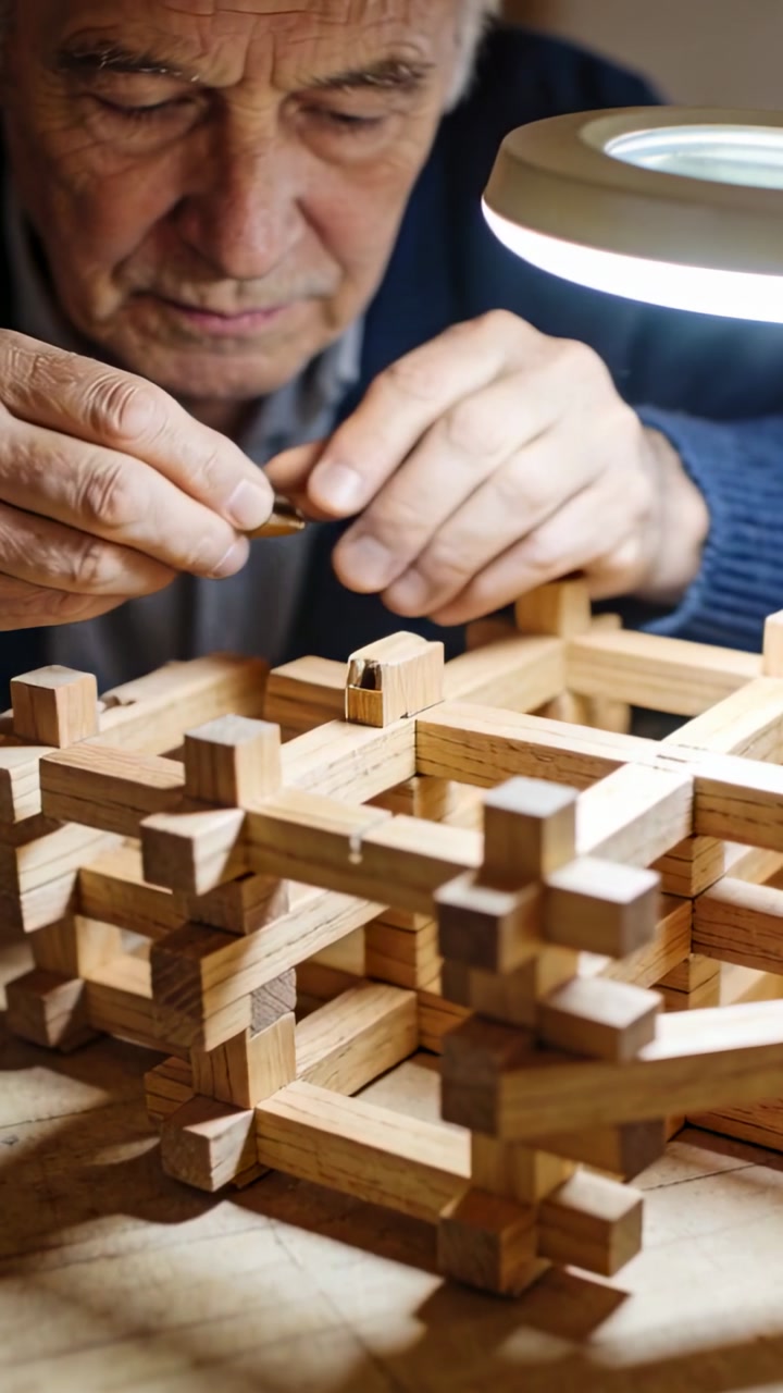 Vertical video: Inspecting peg, he in sweater fitting pegs into wood grid at bench lamp finishing