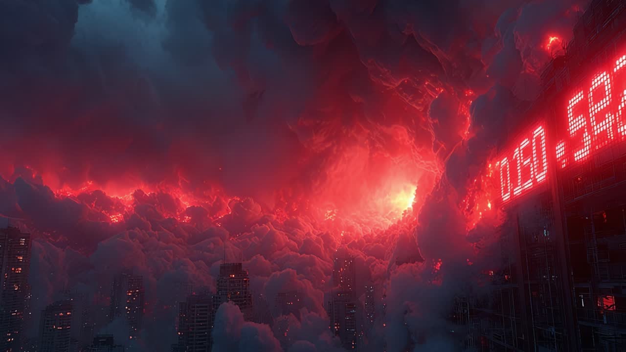 Futuristic dystopian city under a massive red storm cloud with lightning, skyscrapers burning and a looming digital countdown clock signaling imminent catastrophic doomsday