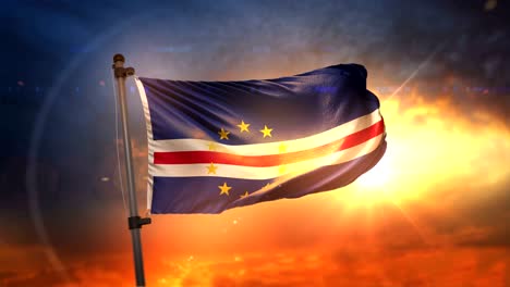 la bandera de cabo verde retroiluminada en el hermoso ciclo de amanecer en cámara lenta 4k