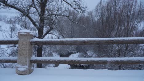 neve cobre linda ponte velha nas montanhas, paisagem de inverno com fundo de árvores sem folhas