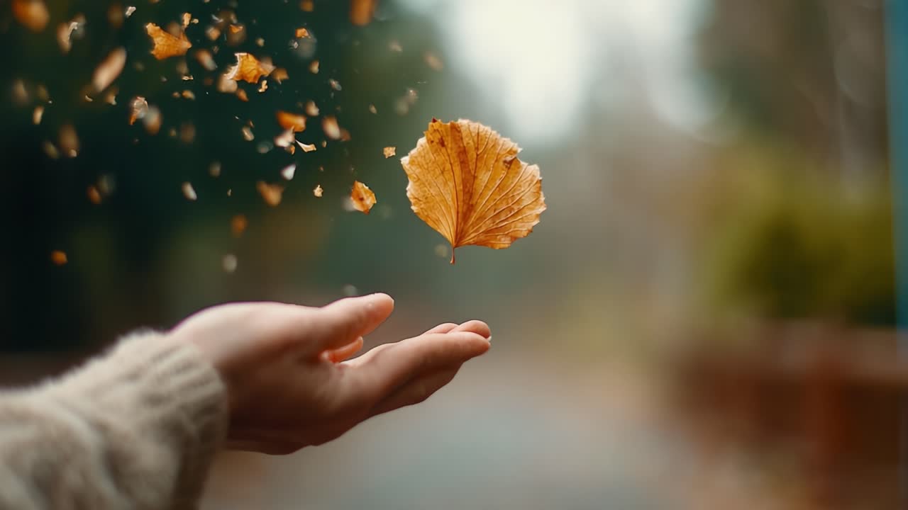 A Gentle Autumn Breeze: An Enchanting Moment Captured as a Golden Leaf Suspends Above an Outstretched Hand, Surrounded by Whirling Particles of Nature's Beauty