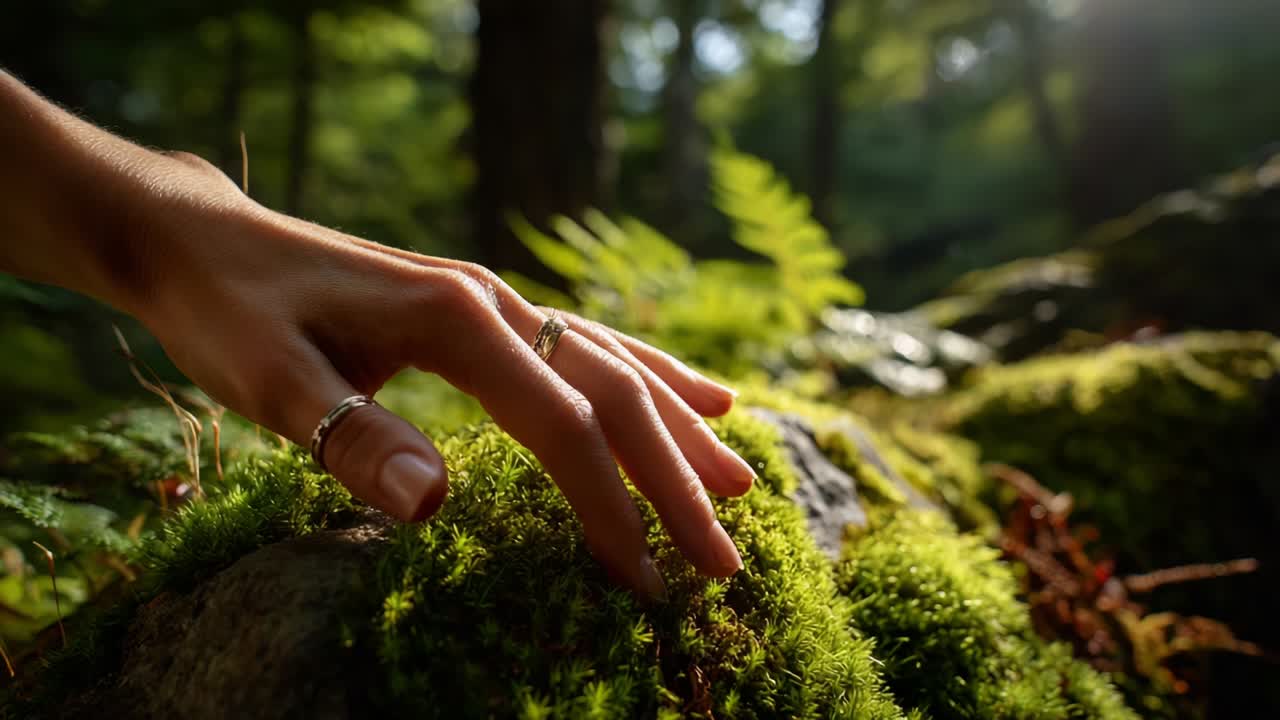 A Serene Connection to Nature: A Hand Gently Touches Lush Green Moss in the Forest, Highlighting the Beauty of Earth’s Natural Textures and the Tranquility Found in Wilderness Landscapes