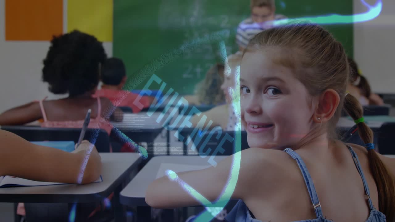 Teacher writing math on board causing blue swirl wrapping student turning challenge into evidence