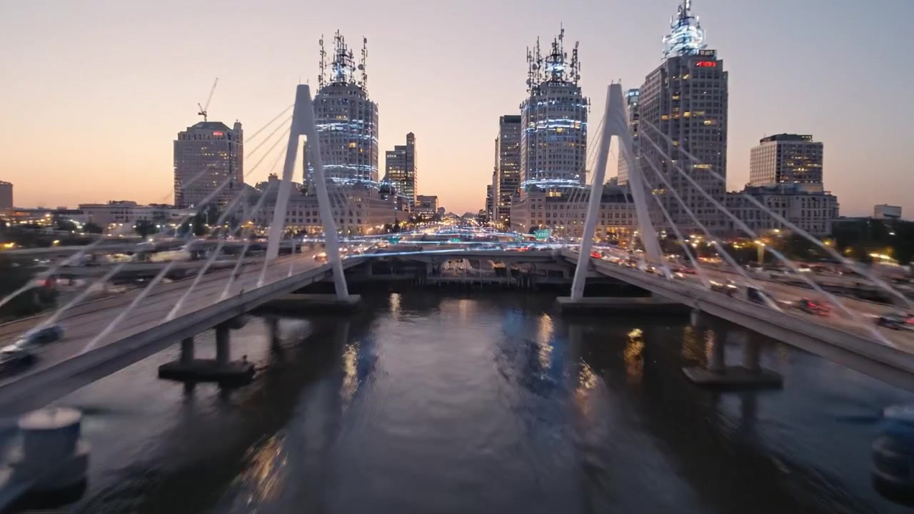 Un tramonto urbano vibrante: paesaggio urbano illuminato da luci brillanti e traffico intenso che illustra l'energia della vita cittadina durante l'ora d'oro.