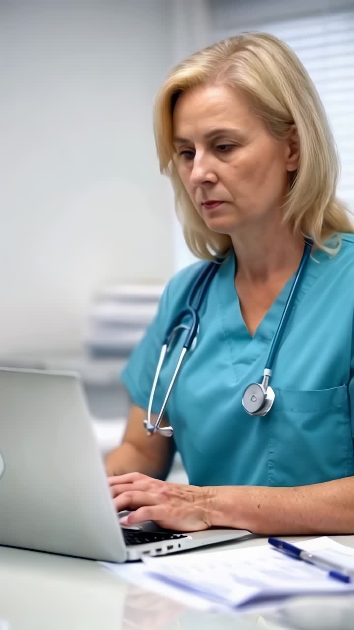 A woman in a blue scrubs is typing on a laptop