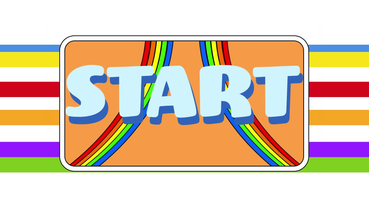 animación del texto de inicio sobre arco iris sobre fondo blanco.