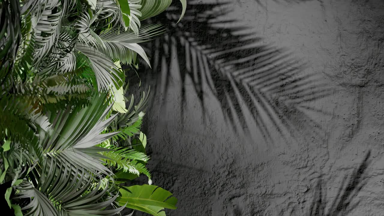 Tropical green palm leaves on the left with leaf shadows on a textured grey wall. Natural jungle foliage composition. Flat lay composition with copy space. Summer and nature, wallpaper vertical