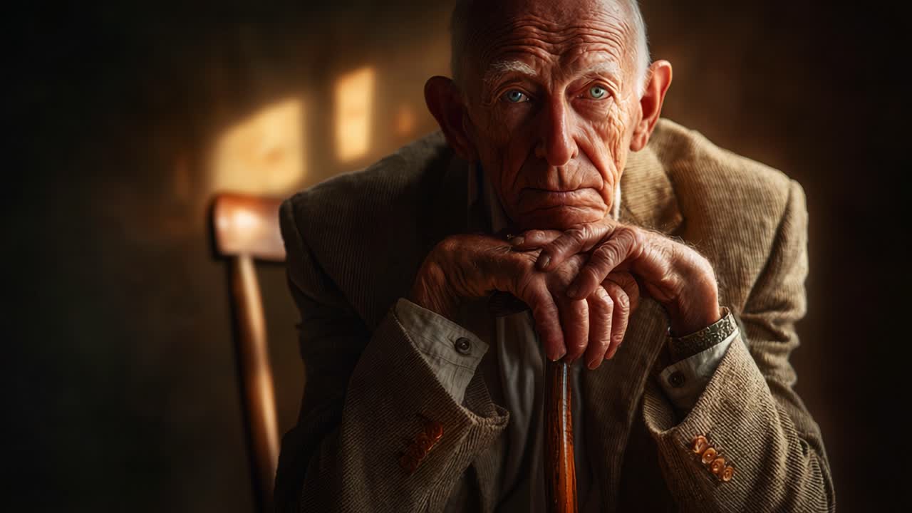 A Thoughtful Elderly Man Reflecting on Life: Capturing the Depths of Time and Story in an Intimate Portrait that Speaks Volumes Beyond Words in the Realm of Humanity and Experience