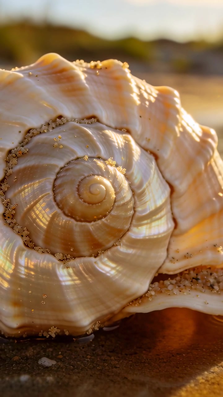 Vertical video: Pulling back camera revealing spiral shell on wet shore to show pearly ridges