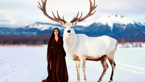 a woman in a brown dress standing next to a white deer in the snow