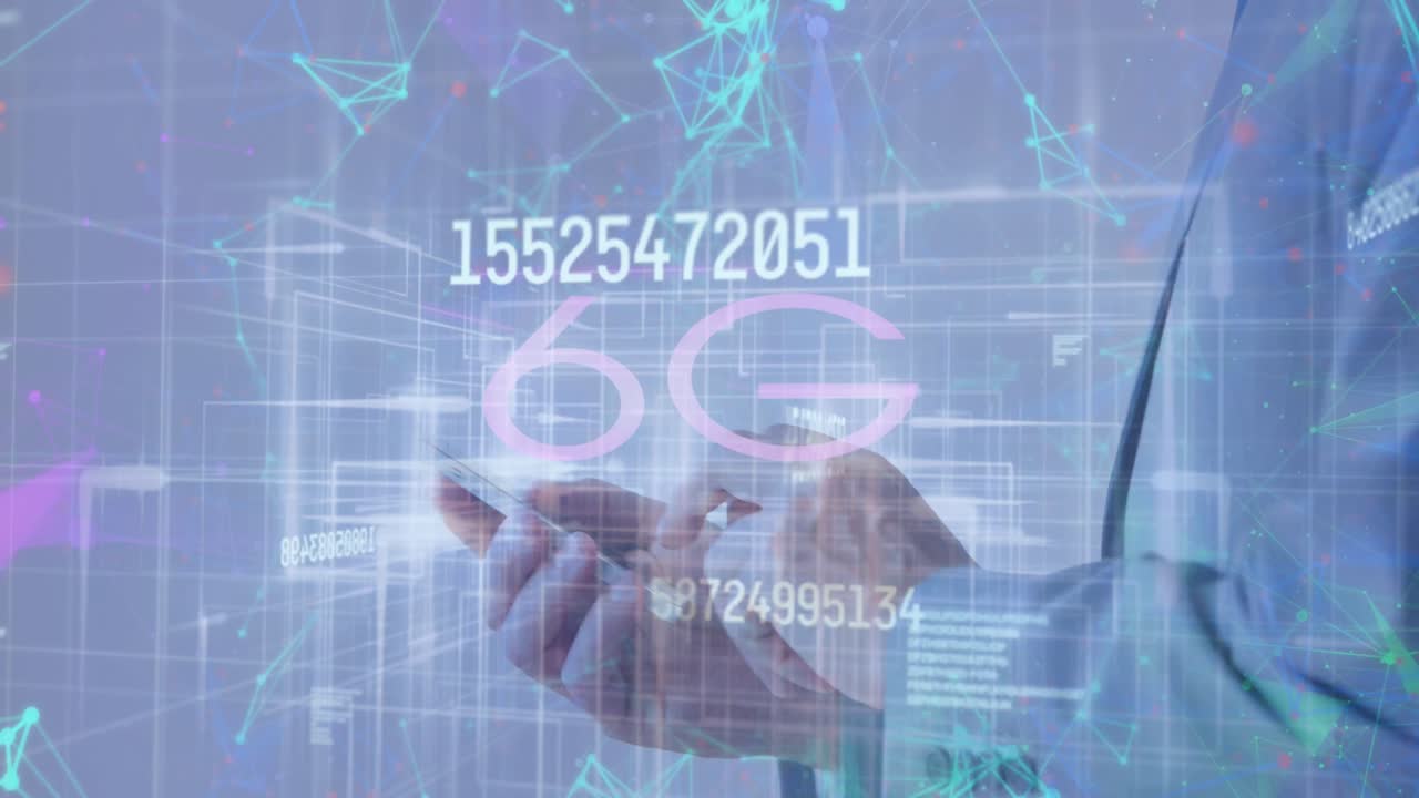 스마트폰을 사용하는 백인 사업가의 손 위에 6g와 숫자의 애니메이션